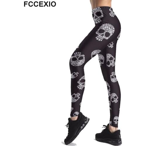 FCCEXO Wholesale 3D Printed High Elasticity Women Legging Skull Pattern Black Fitness Leggings Fashion High Waist Woman Pants