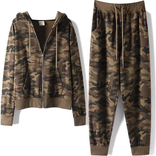 Spring Autumn Plus Size Women Hooded Camouflage Zipper Sweatshirt Suit + Loose Casual Pants Two Piece Set Ladies Outfits H1311