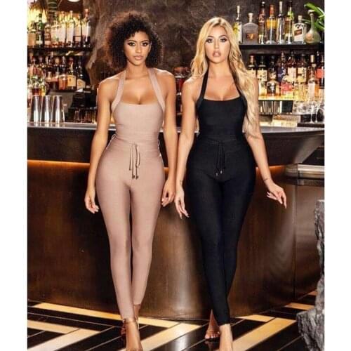 Ailigou 2020 High Quality Nude Black Suspender Bandage Jumpsuit Rayon Elegant Celebrity Woman Party Wear Retro Tights Jumpsuit