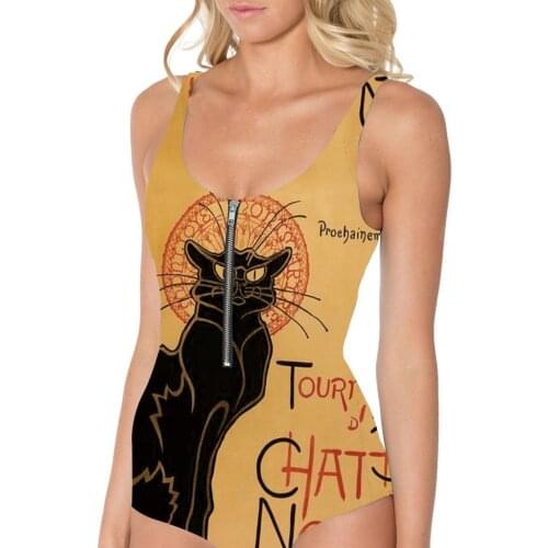 New Big Size With Zipper Cut Cat Swimsuit One Piece Women 3D Printing Animal Red Triangle Swimwear 4 Patterns S To 3xL