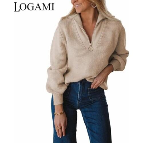 LOGAMI V-neck Sweater for Women Zipper Lantern Sleeve Pullover Sweater Knitting Jumper