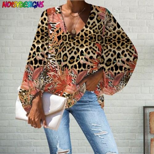 WHEREISART Leopard And Rose Printing Women Tops Ladies Casual Loose V-Neck Blouse Lartern Sleeve Femine Clothing Blusas De Mujer