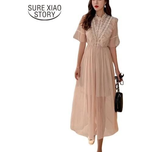 New Bohemian White Pink Short Sleeve Mesh Lace Midi Dress 2021 Summer Casual Loose Elegant Solid Quality Lady Dress 4963 50