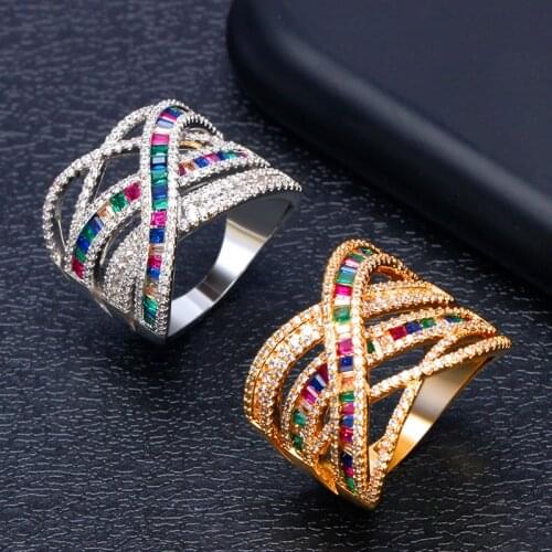 Bride Talk Fashion 2021 Copper Twisted Line Colorful Zircon Rings Baguette Bohemian Rainbow Eternity Colors Womens Ring Jewelry