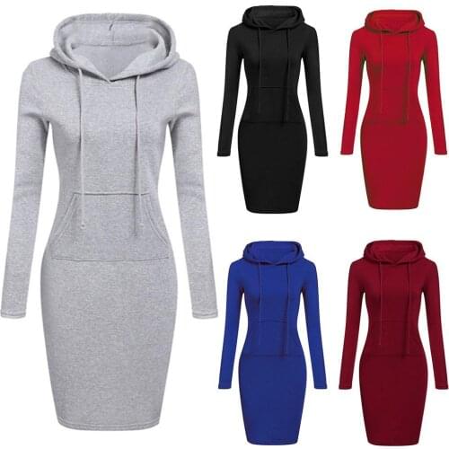 2021 woman dress Solid Color Women Long Sleeve Pocket Bodycon Hooded Sweatshirt Hoodies Dress dresses for women vestido de mujer