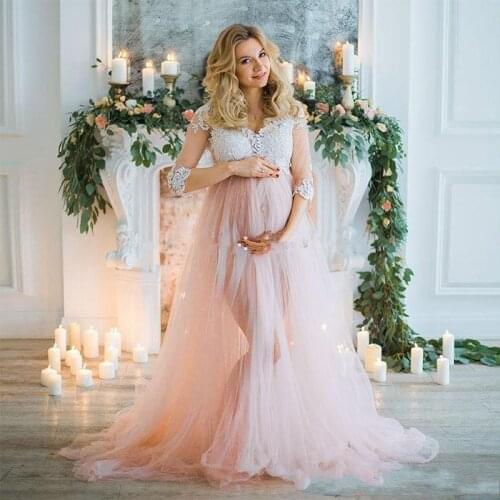 2020 Pink Pregnant Women wedding Dresses Split Half Sleeves V-neck Lace Tulle Women Dress For Photoshoots Button Summer Gowns