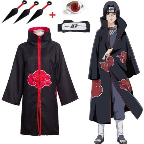 2021 Anime Akatsuki Halloween Cosplay Costumes Headband +Ring +Kunai Cloak Cape Itachi Robe for Kids Aldult Women Men Boys Girls