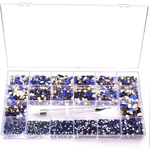 Mixed Multi Shapes Sapphire Glass Fancy Rhinestone Box For Nail Art HZ2104