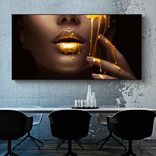 African Woman Face Sexy Lips Canvas Art Posters Canvas Paintings on The Wall Art Golden Pictures for Modern Living Room Decor
