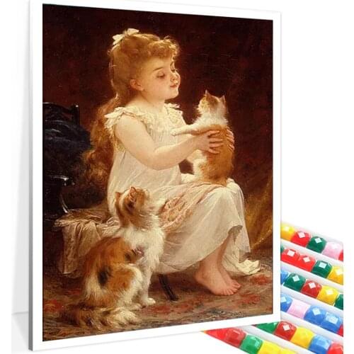 Diy Diamond Painting of A Little Girl Holding A Cat Princess Full Round Diamond/Square Diamond 5D Cross Stitch Home Decoration