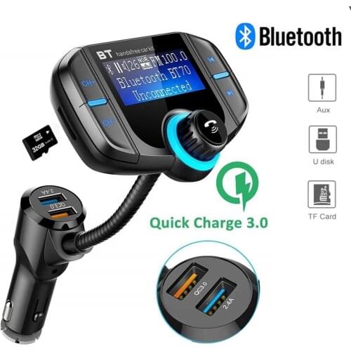 Konrisa Bluetooth 5.0 Hands Free Call In-Car FM Transmitter Car Kit Dual USB QC3.0 Quick Charge U Disk Mp3 Player One Key Bass