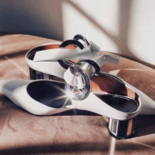 Summer Metal Annulus Decor Slingbacks Sandals Plated Med Hoof Heel Mixed Colors Women Circle Crossed Lace up Pointed toe Sandals