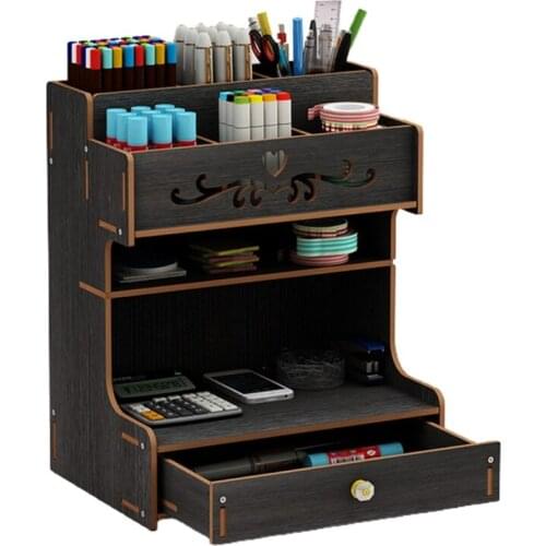 K1KF Wooden Pen Holder with Drawer Multi-Functional Desktop Stationary Pencil Box Home Office Art Supplies Organizer Rack