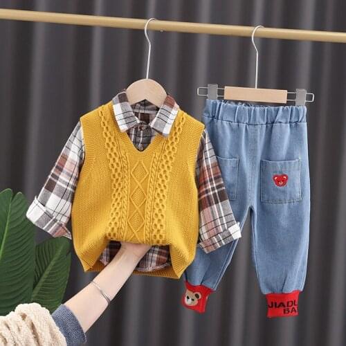 Children Clothing 2021 Autumn Winter Fashion Boys Knitted Vest Long-sleeve Bottoming Shirt Jeans 3 Piece Infant Baby Casual Suit