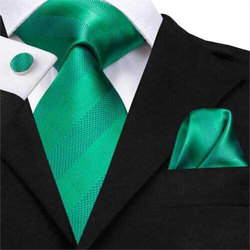 Hi-Tie Luxury Silk Mens Fashion Green Striped Tie For Men Hanky Cufflinks Set Gift For Men Party Wedding Tie Set 8.5cm Necktie