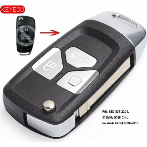 Keyecu Upgraded Flip Remote key Fob 315MHz ID48 for Audi A4 S4 2006-2010 P/N: 8E0 837 220 L