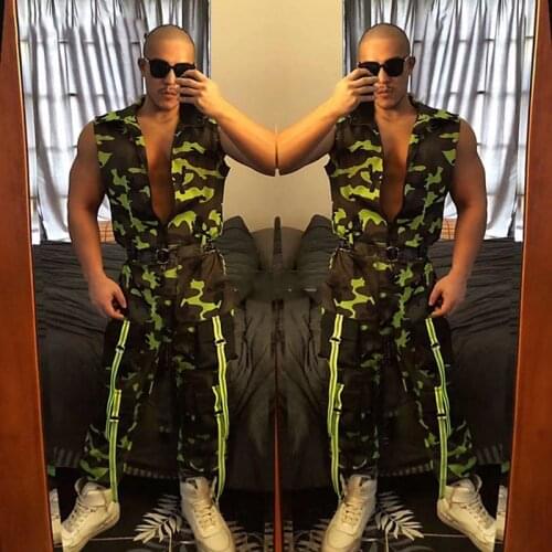 Nightclub Bar MenS Ds New Party Reflective Camouflage Jumpsuit Gogo Costumes Male Jazz Stage Show Performance Set XS2323
