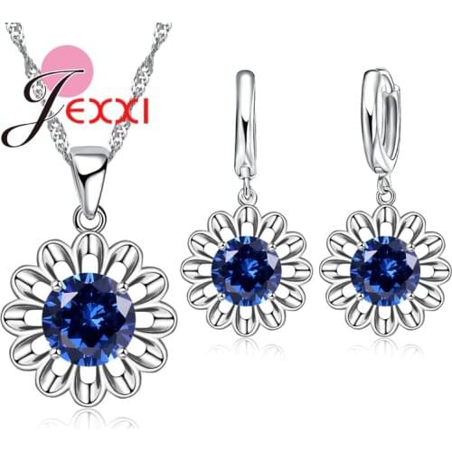 Trendy AAA Austrian Crystal Engagement Jewelry Sets For Woman Stamped Silver Pendant Necklace Earrings Set