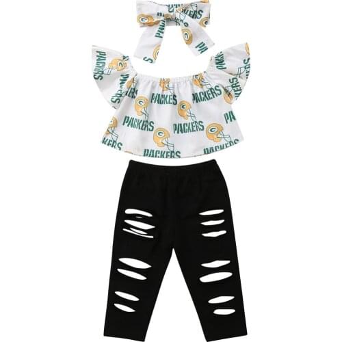 New Summer Lovely Cute Toddler Baby Girls 3PCS Sets Off Shoulder Short Sleeve Print T-Shirts Tops+Hole Black Pants+Headband