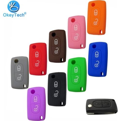 OkeyTech 2 Button Silicone Rubber Car Key Case Fob Cover Skin Protect Sticker Flip Folding For Peugeot 107 207 307 307S 308 407