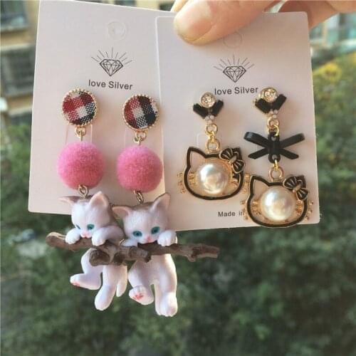 Original Baochai (Money) Cat Sen Hair Ball Branch Cat Girl Heart Ear Studs Female Kitty cat Cartoon Earrings Jewelry