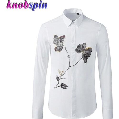 Casual Business Male Dress Shirt Elegant Embroidery Long sleeve Slim Chemise homme Turn-over Collar Solid Men Shirts Plus size