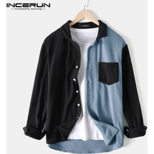 INCERUN Men Shirt Patchwork 2021 Turn Down Collar Long Sleeve Chic Blouse Streetwear Button Casual Camisas Hombre Men Clothing 7