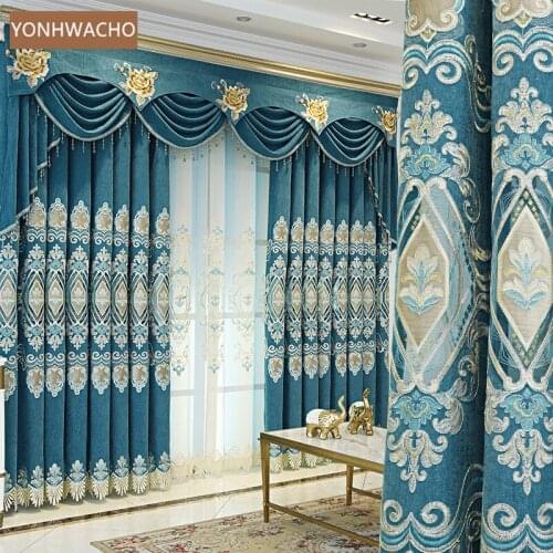 Custom curtains luxury American living room chenille shading embroidery blue cloth blackout curtain tulle valance drape C360
