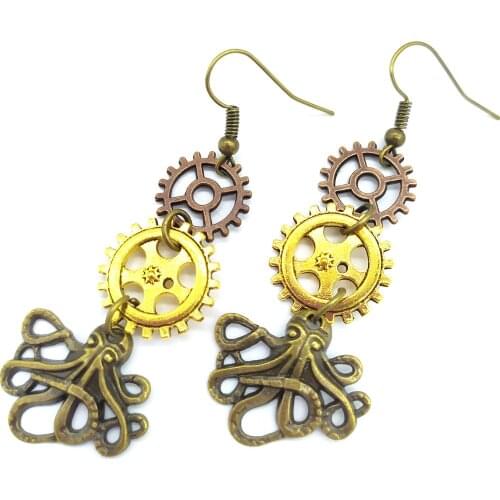 Mixed Three Antique Colors Vintage Gears and Octopus Drop Earring