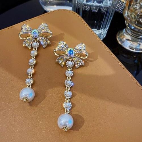 Shinning Rhinestone Bowknot Pearl Long Drop Earrings For Women Etrendy New Jewelry Personality pendientes