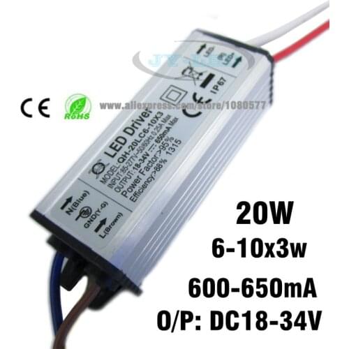 2pcs/lot 6-10x3w 20W LED Driver DC18-34v 650mA Power Supply Waterproof IP67 Constant Current Driver For FloodLight