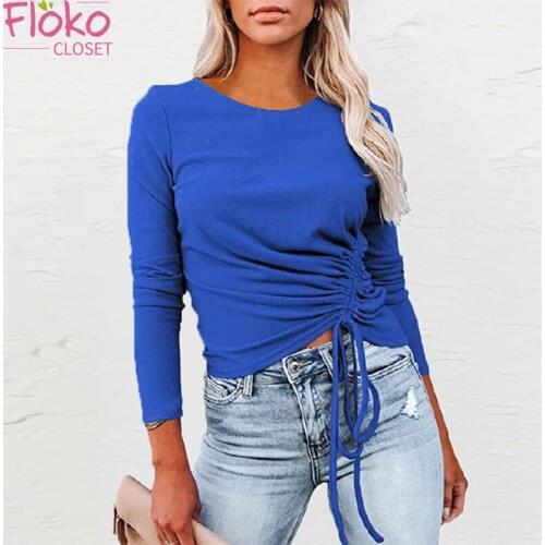 Flokocloset Autumn Long Sleeve O-Neck Rib Knitted T-shirt Casual Fashion Solid Drawstring Women Tops Spring Tees