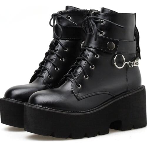 Chain Women Leather Autumn Winter Boots Block Heel Gothic Black Punk Style Platform Shoes Female Footwear High Quality