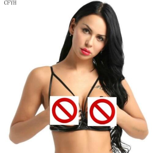 Women Shiny Stretch Bra Sheer Exposed Nipples Bra Open Cup Bra Sexy Lingerie Faux Leather Wire-free Unlined Bra for Women