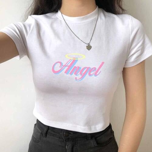 Cute Angel Letter Print Sexy Crop Tops Women Casual Short Sleeve Cotton Pullover Tees Summer Slim Streetwear T-shirt Woman
