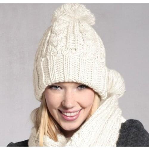 Women Winter Scarf and Hat 2 Piece Set Plush Ball Beanie Autumn Lady Warm Knitted Cap Vintage Women Bonnet Femme