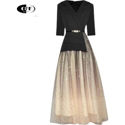 Fashion Designer Summer Dress Womens Elegant V-neck Half Sleeve Splicing Mesh Sequins Gorgeous Party Midi Long Dresses Femme ZA