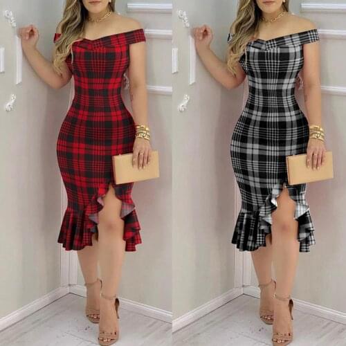 Sexy Plaid Off Shoulder Bodycon Dress Women Work Office Ruffles Dress Elegant Women Dresses Summer Streetwear Dress Feminina