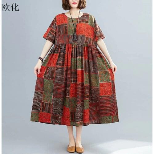 2020 Summer Short Sleeve Women Dress Plus Size Vintage Floral Print Boho Beach Maxi Dress Oversize Cotton Linen Big Swing Dress