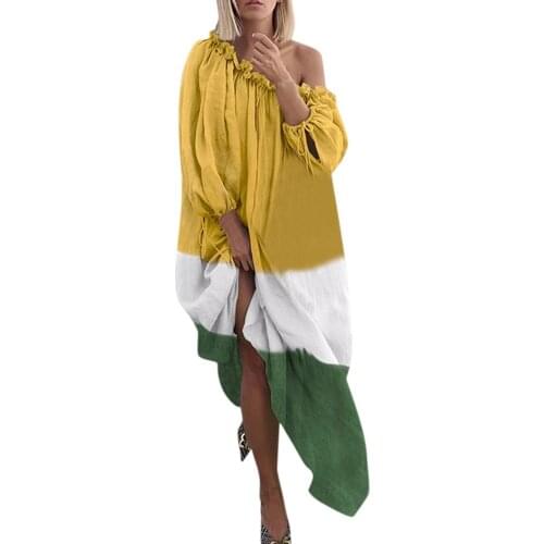 Fashion Big Swing Dress Plus Size 5XL Women Loose Long Dress Casual Word Collar Long-Sleeve Color Matching Comfortable Dresses