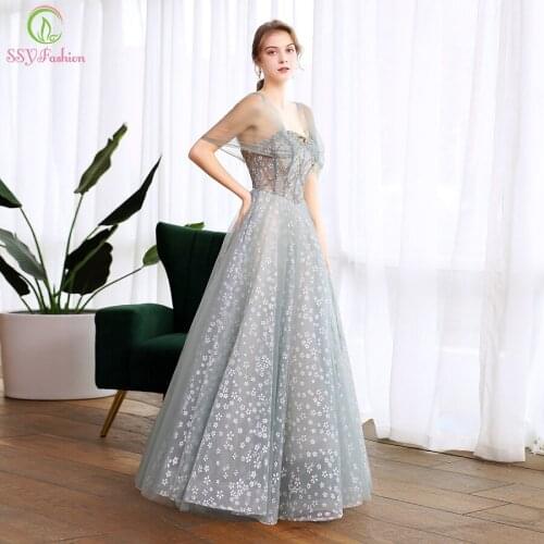SSYFashion New Long Evening Dress Special Occasion Dresses Sexy Boat Neck Sequins Beading Formal Prom Gown Vestido De Noche