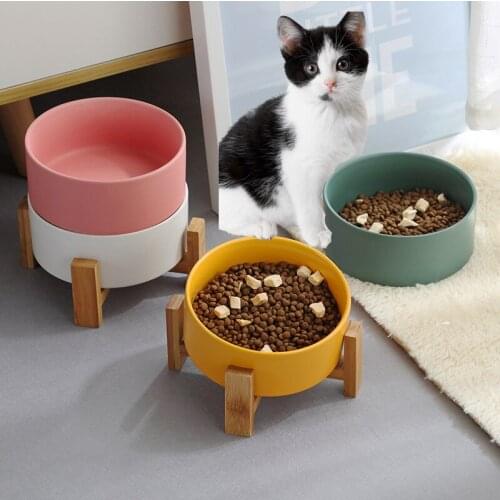 1PC 850ml Feeder Cats Small Dogs Pet Ceramic Cat Dog Bowl Dish with Wood Stand No Spill Pet Food Water - Small Dog Feeding Tools