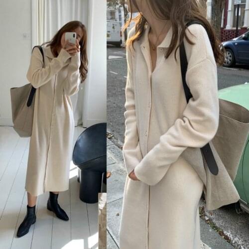 2021 Long Shirt Dress Full Sleeve Loose Straight Midi Sweater Dresses Women Autumn Winter Turn-Down Collar Beige Knitted