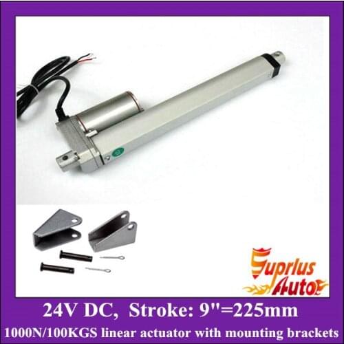 24V DC linear actuator with mounting brackets, 9inch/ 225mm stroke with 1000N/225LBS load electric linear actuators