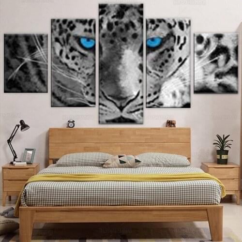 5 Pieces Animal Canvas Wall Art Leopard Face with Blue Eyes Black and White Wildlife Picture Print On Canvas for Home Decoration