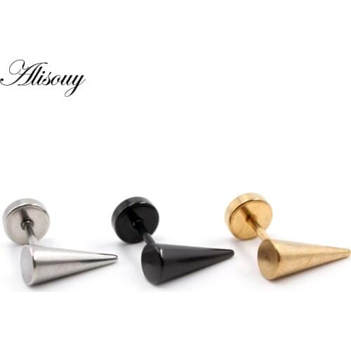 Alisouy 2pcs Studs Unisex Punk Stainless Steel Spike Cone Dumbbell Barbell Piercing Men Women Screw Ear Stud Earrings