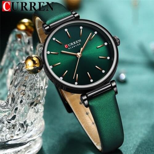 CURREN Women Watch Top Brand Luxury Green Female Waterproof Clock Genuine Leather Bracelet Fashion Simple Ladies Wristwatch 9081