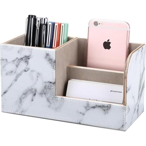 Leadland Marble Faux Leather Pen Holder Office Desk Organizer Gold Leather Covered Stationery Storage Box Case