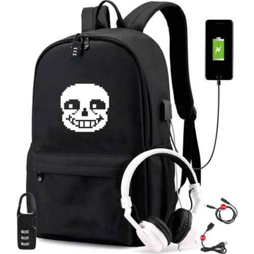 Anime Undertale Sans Skull Designer USB Backpack Bag Travel School Students BookBag Mochila With Free Lock