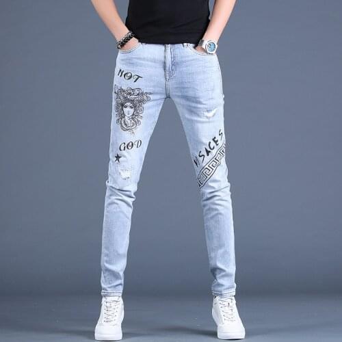 Mens printed ripped denim jeans mens trendy casual long pants 2021 summer new style wild Korean trendy teenager pencil pants